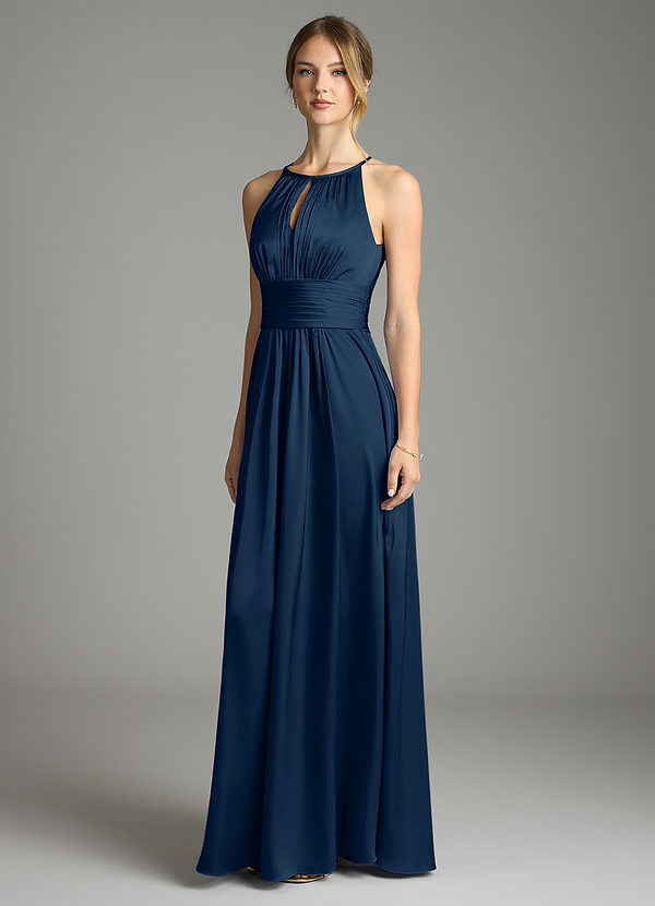 Azazie Bonnie Bridesmaid Dresses Dark Navy A-Line Pleated Stretch Satin Dress image1