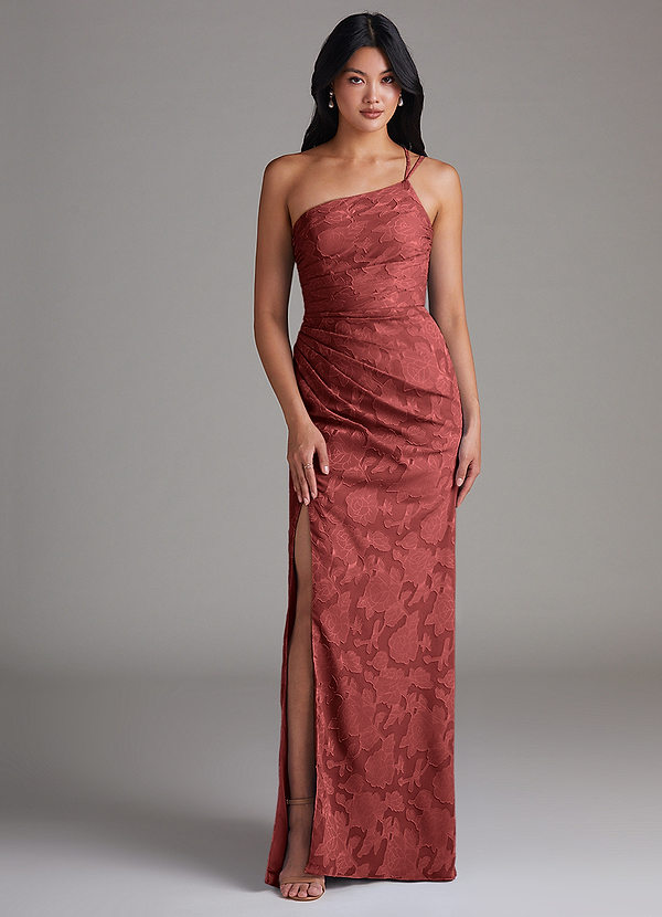 Azazie Eren Bruidsmeisjesjurken Jurk van Bloemen Burn-out met Kolom One-shoulder Terracotta image1