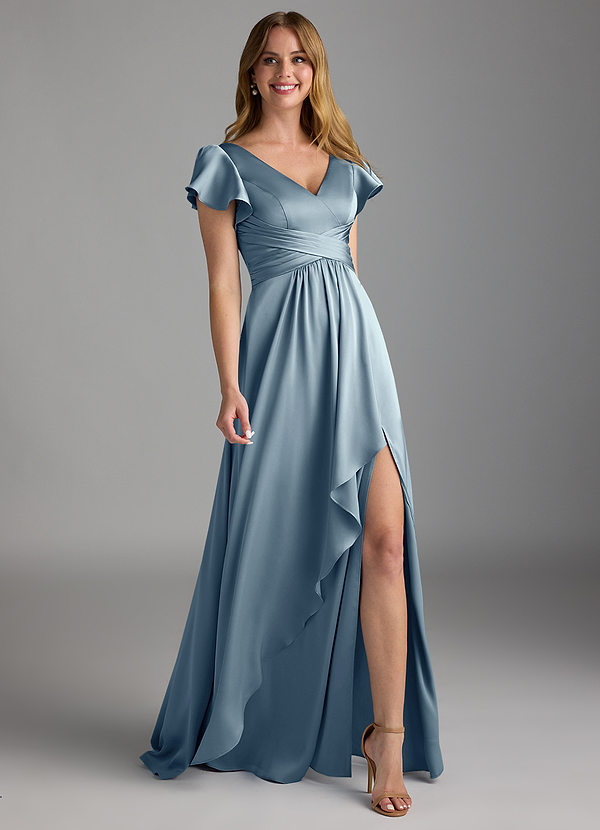 Azazie Omari Bruidsmeisjes Jurken Jurk van Stretch Satijn met A-Lijn Stoffig Blauw image1