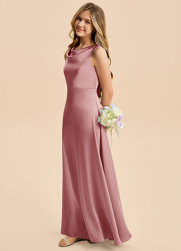 Azazie Kiki Junior Robe Trapèze en Satin extensible Arc Rose Poussiéreuse image1