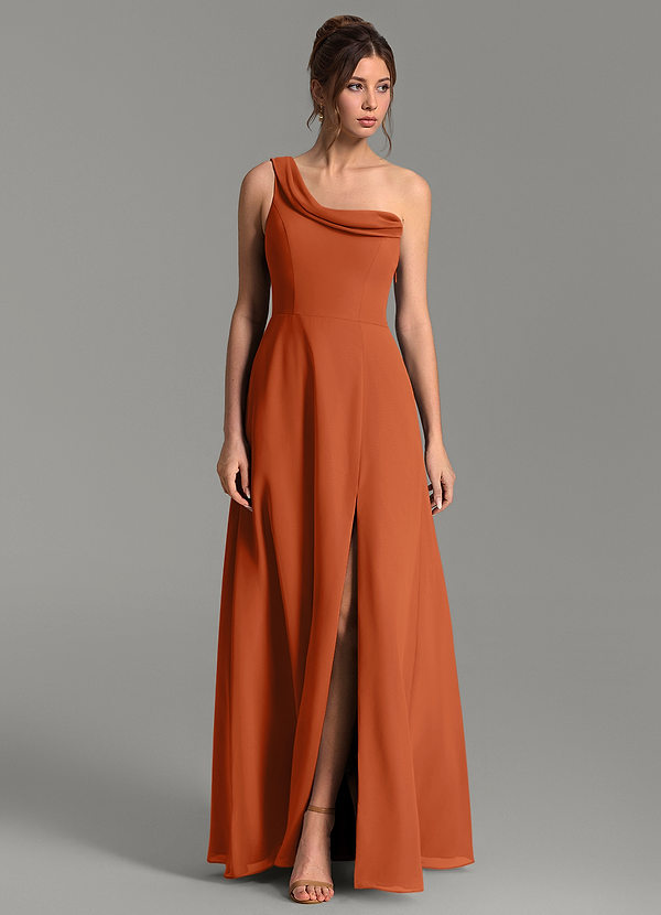 Azazie Thea Vestidos de dama de honor Vestido Naranja Quemada de Gasa de Línea A con Un hombro image1