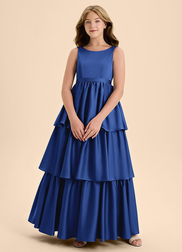 Azazie Meadowyn Junior Vestido de Azul Real de Satén Elástico de Corte En A con Lazo image1