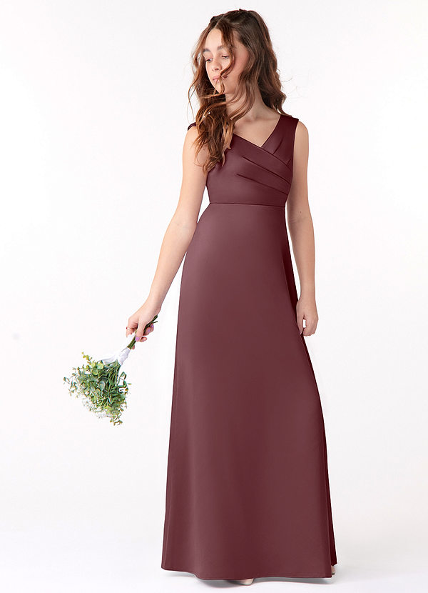 Azazie Sadia Junior Sangria A-Line Pleated Stretch Satin Dress image1