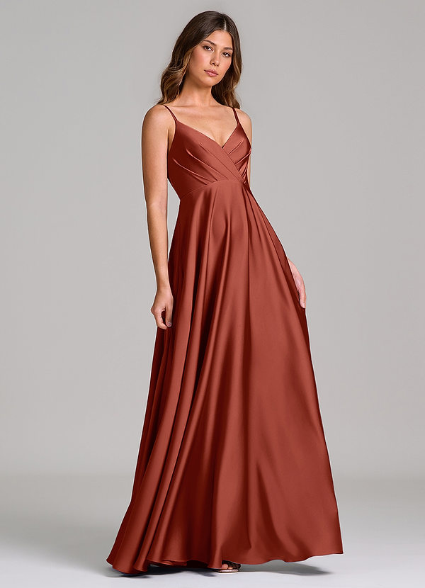 Azazie Amani Bridesmaid Dresses Terracotta A-Line Pleated Stretch Satin Dress image1