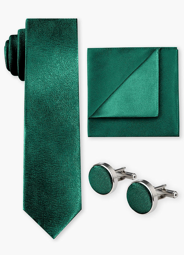 front Conjunto de corbata ancha, pañuelo de bolsillo y gemelos de satén metalizado