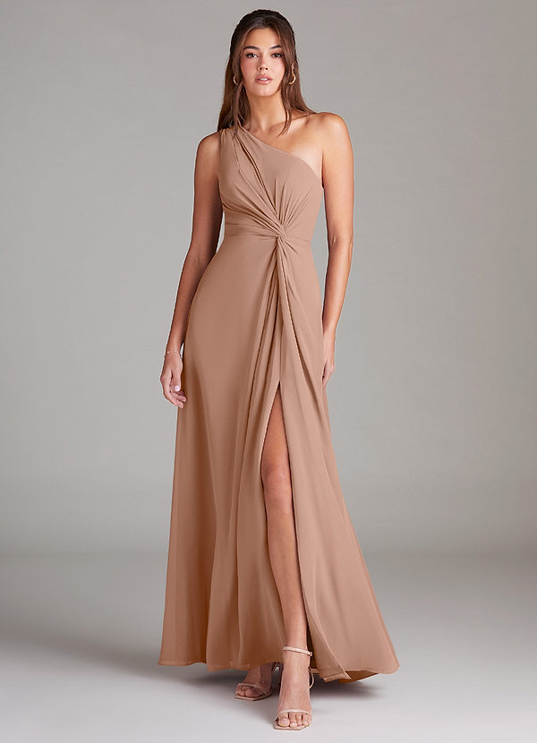 Azazie Brooke Bridesmaid Dresses Champagne Rose A-Line One Shoulder Chiffon Dress image1