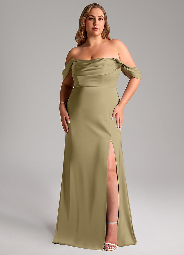 Azazie Saige Bridesmaid Dresses Moss Green Sheath Off the Shoulder Stretch Satin Dress image1
