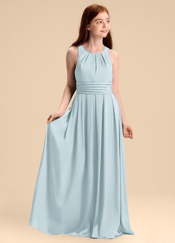 Azazie Bibiane Junior Mist A-Line Pleated Stretch Satin Dress image1