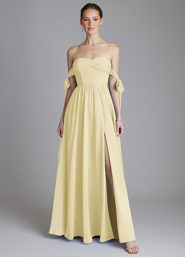 Azazie Ayanna Bridesmaid Dresses Lemon Sorbet A-Line Off the Shoulder Chiffon Dress image1