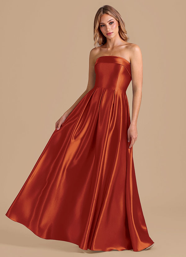 Azazie Lucienne Bridesmaid Dresses Paprika A-Line Pleated Metallic Satin Dress image1