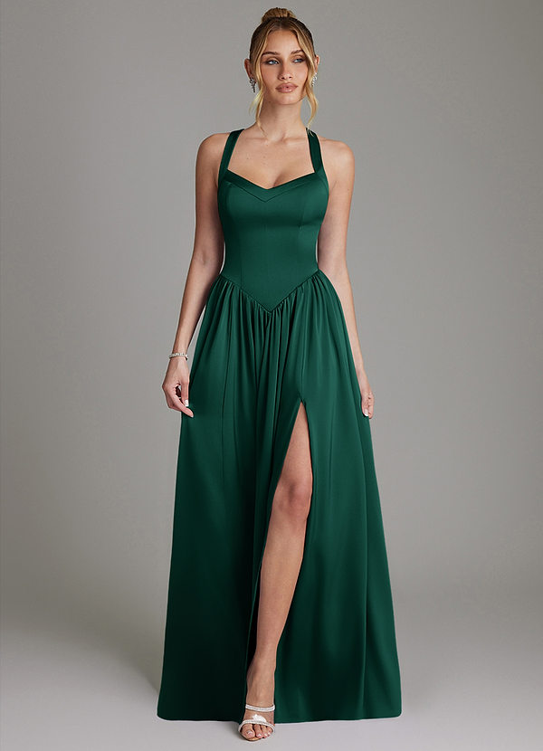 Azazie Francis Bridesmaid Dresses Emerald A-Line Corset Stretch Satin Dress image1