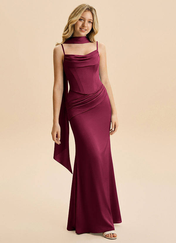 Sorrel Junior Burgundy Mermaid Ruched Stretch Satin Dress image1