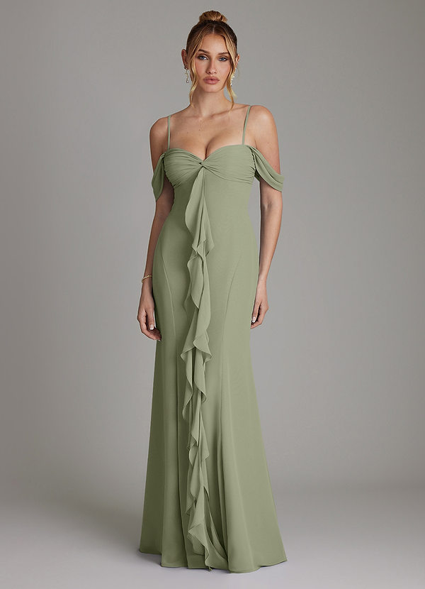 Azazie Karmela Bridesmaid Dresses Pistachio A-Line Off the Shoulder Chiffon Dress image1
