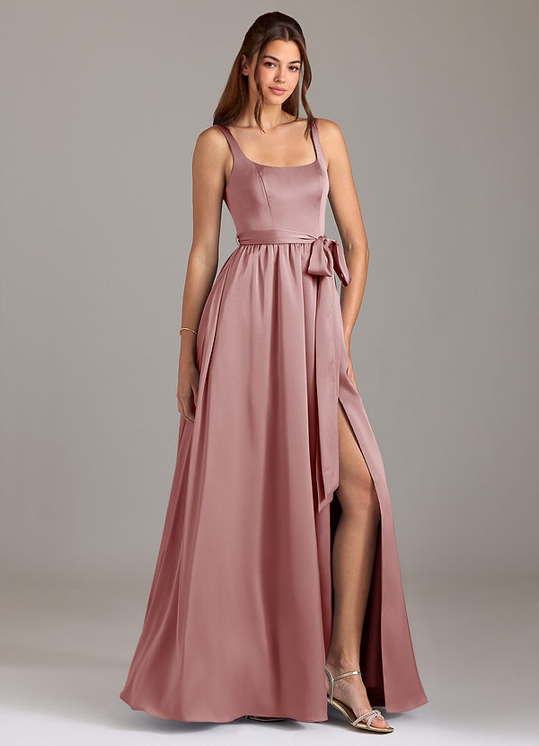 Azazie Elliott Bridesmaid Dresses Dusty Rose A-Line with Pockets Stretch Satin Dress image1