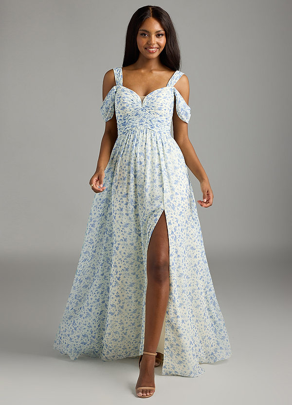Azazie Lianne Bridesmaid Dresses Blue And White Ditsy Floral A-Line Off the Shoulder Chiffon Dress image1
