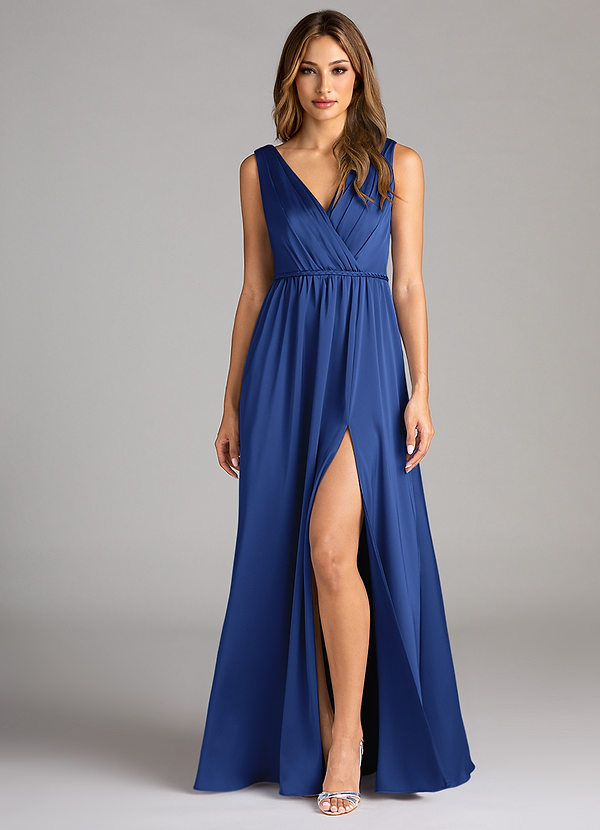 Azazie Tanicia Bridesmaid Dresses Royal Blue A-Line Pleated Stretch Satin Dress image1