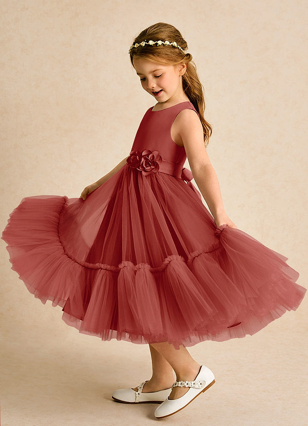 Azazie Miracle Vestidos de Niña de Flores Vestido de Terracota de Satin Mate de Corte En A con Lazo image1