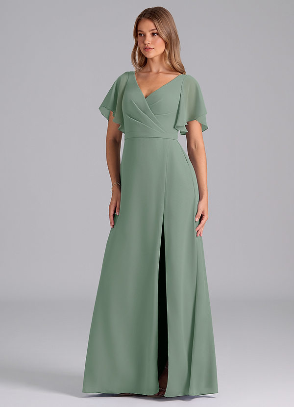 Azazie Ambrosia Bridesmaid Dresses Silver Sage A-Line Pleated Chiffon Dress image1