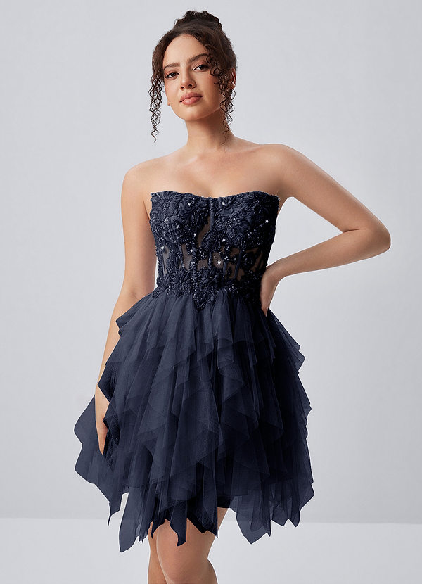 Madeline Marine Strapless mini-jurk van tule met 3D-bloemenprint en vetersluiting image1