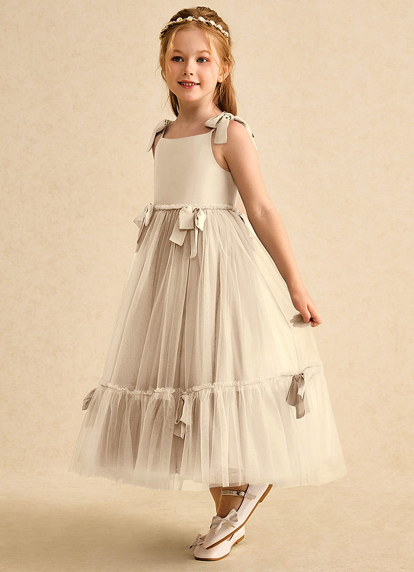 Azazie Jaci Flower Girl Dresses Champagne A-Line Spaghetti Strap Chiffon Dress image1