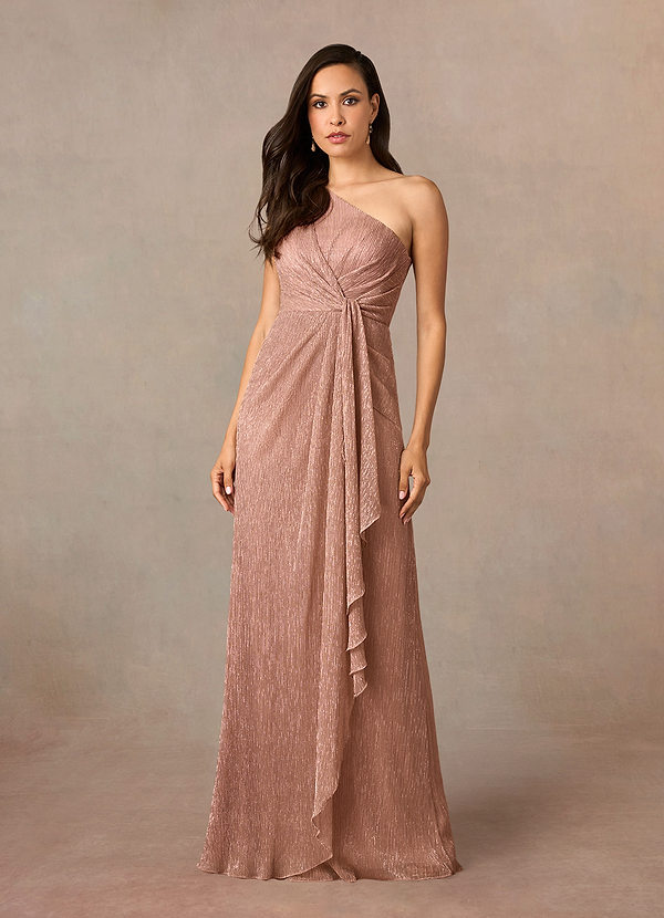 Azazie Theresa Mother of the Bride Dresses Rose Gold Sheath One Shoulder Metallic Mesh Dress image1