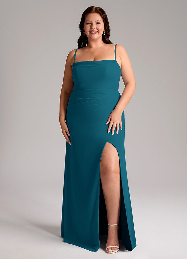 Azazie Leonis Vestidos Dama de Honor Vestido de Azul Tinta de Gasa de Corte Recto Convertible con Sin tirantes image1