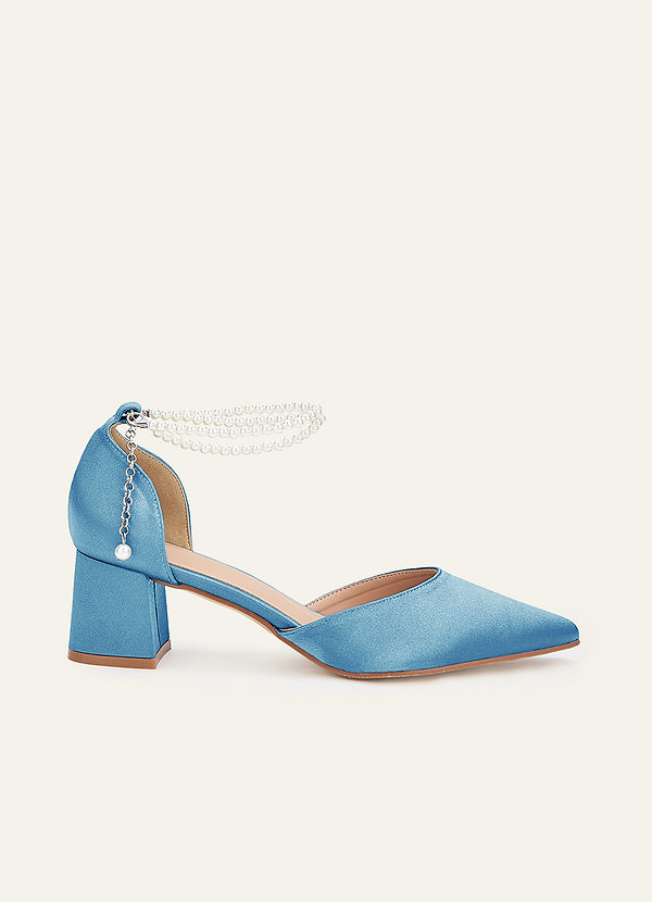 front Matching Color Metallic Satin Pearl Strap Pointed Toe Block Heels