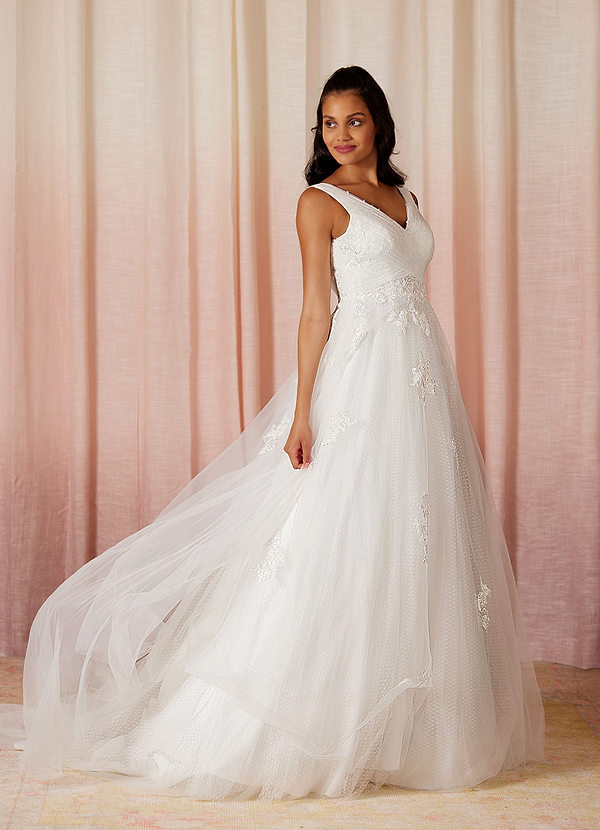 Azazie Alemia Wedding Dresses A-Line Lace Tulle Chapel Train Dress image1