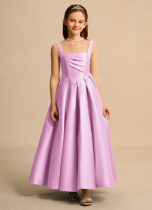 Azazie Mochi Girl Flower Girl Dresses Candy Pink Ball-Gown Pleated Matte Satin Dress image1