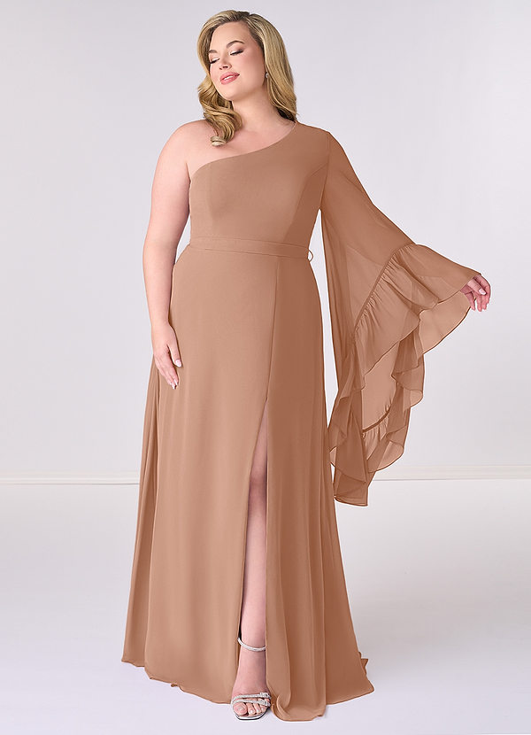 Barbie ♥ Azazie Robes Demoiselle d'honneur Robe Trapèze en Mousseline de soie Manche longue Champagne Rosé image1