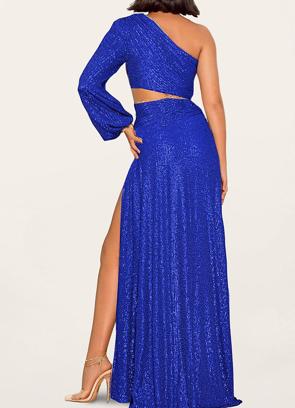 back Love It Royal Blue Sequin One-Shoulder Cutout Maxi Dress