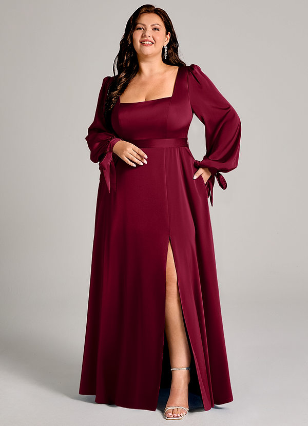 Azazie Leonia Bridesmaid Dresses Burgundy A-Line Long Sleeve Stretch Satin Dress image1