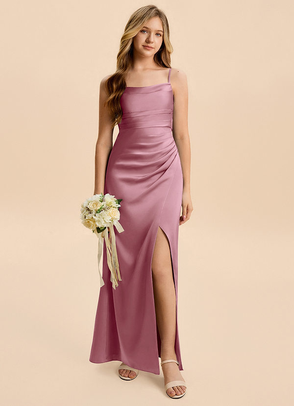 Azazie Minnie Junior Vintage Mauve Sheath Ruched Stretch Satin Dress image1