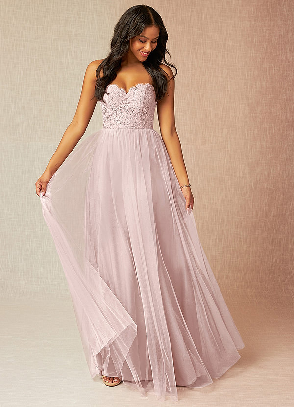 Azazie Roni Robes Demoiselle d'honneur Robe Trapèze Convertible en Tulle Encolure en Forme de Cœur Rose Pâle image1