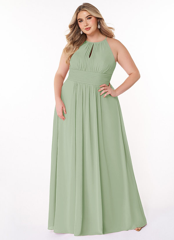 Azazie Bonnie Bridesmaid Dresses Dusty Sage A-Line Keyhole Ruched Chiffon Dress image1