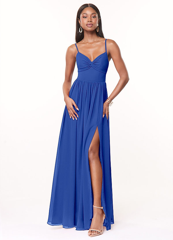 Azazie Zeya Bridesmaid Dresses Royal Blue A-Line V-Neck Pleated Chiffon Dress image1