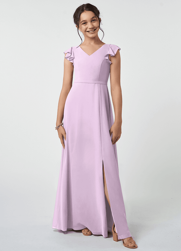 Azazie Claudine Junior Robe Trapèze en Mousseline de soie Plissée Frostiges Flieder image1