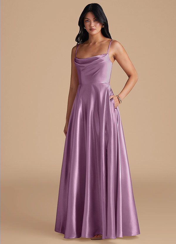 Azazie Elle Bridesmaid Dresses Wisteria A-Line with Pockets Metallic Satin Dress image1