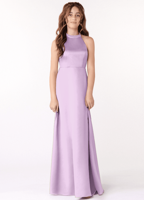 Azazie Laurel Junior Frosted Lilac A-Line Stretch Satin Dress image1