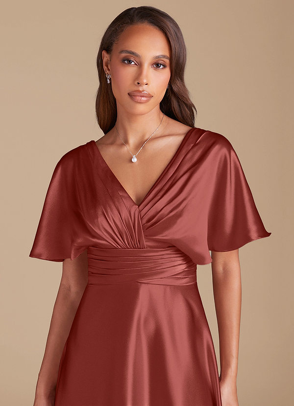 Azazie Pamela Robes Demoiselle d'honneur Robe Trapèze en Satiné métallisé Plissée Terracotta image1