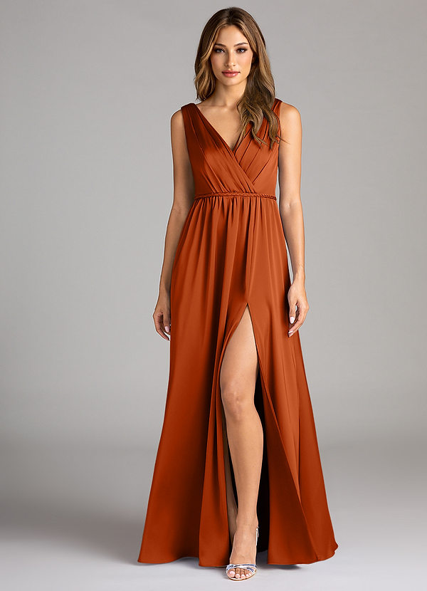 Azazie Tanicia Bridesmaid Dresses Burnt Orange A-Line Pleated Stretch Satin Dress image1