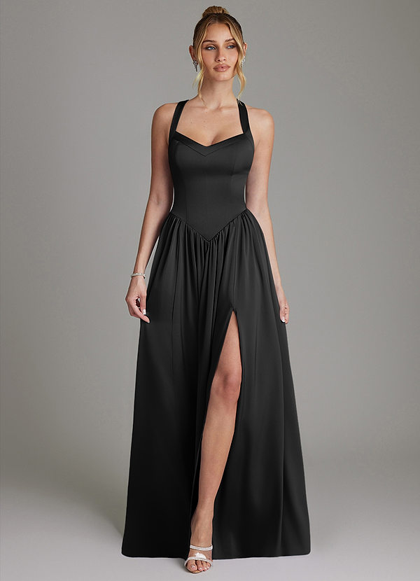 Azazie Francis Bridesmaid Dresses Black A-Line Corset Stretch Satin Dress image1