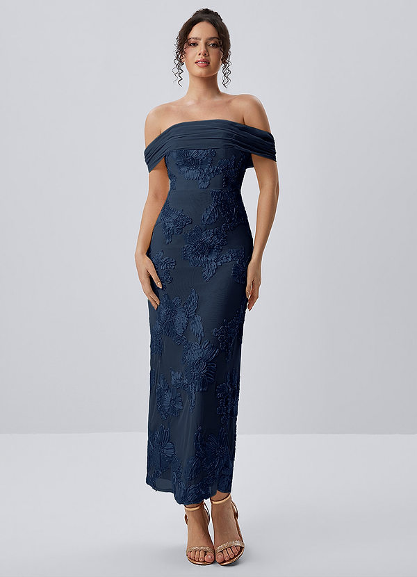 Berenice Navy Blue 3D Floral Lace Off Shoulder Maxi Dress image1
