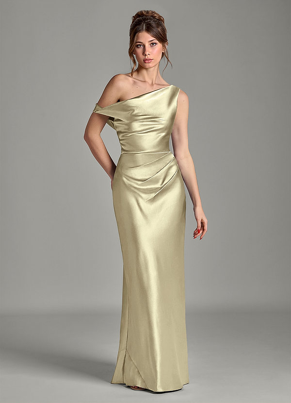 Azazie Emerson Bridesmaid Dresses Moss Green Mermaid Off the Shoulder Metallic Satin Dress image1
