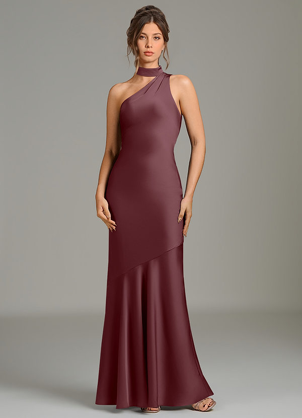 Azazie Jalissa Bruidsmeisjesjurken Jurk van Stretch Satijn met Zeemeermin One-shoulder Sangria image1