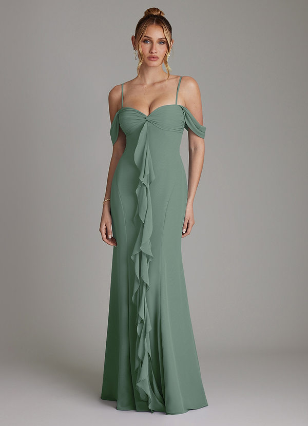 Azazie Karmela Bridesmaid Dresses Eucalyptus A-Line Off the Shoulder Chiffon Dress image1