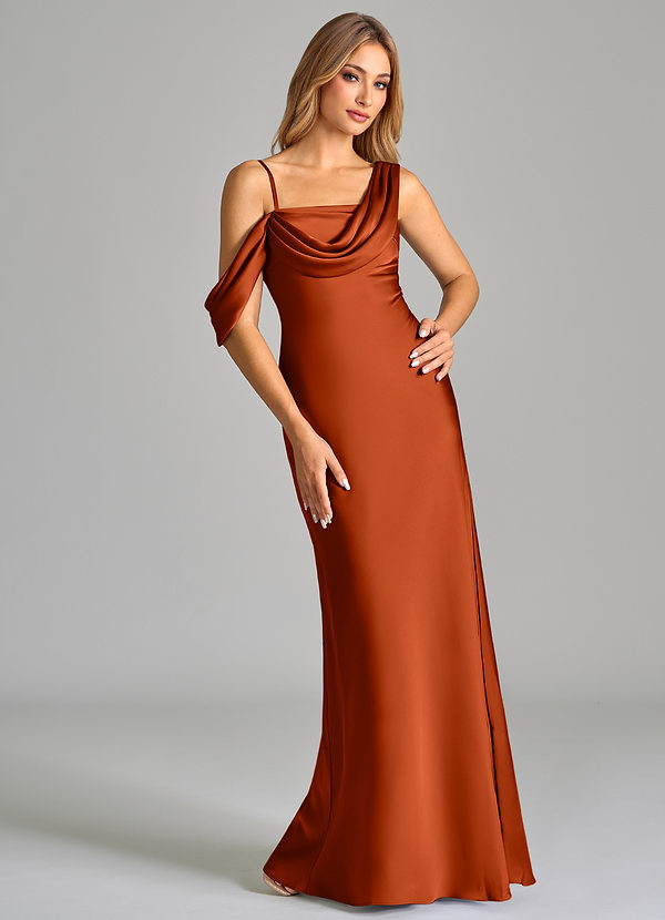 Azazie Celina Robes Demoiselle d'honneur Robe Fourreau en Satin extensible Épaule décolletée Paprika image1