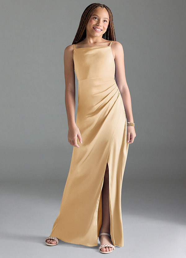 Azazie Leonis Junior Robe Trapèze en Satin extensible Plissée Or image1