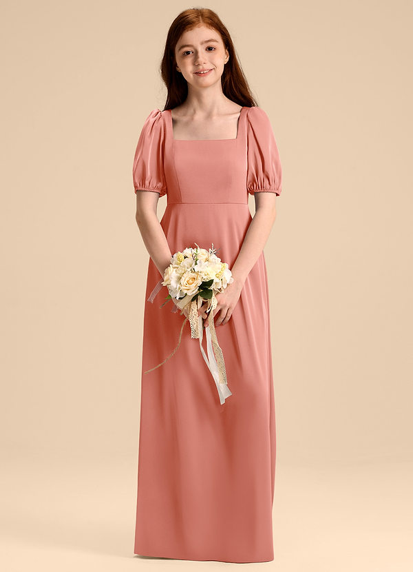 Azazie Briar Junior Robe Trapèze en Satin extensible Arc Corail image1