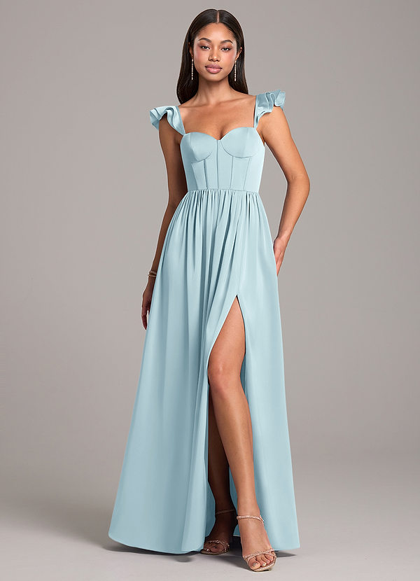 Azazie Denisse Bridesmaid Dresses Cloud Blue A-Line Ruched Stretch Satin Dress image1